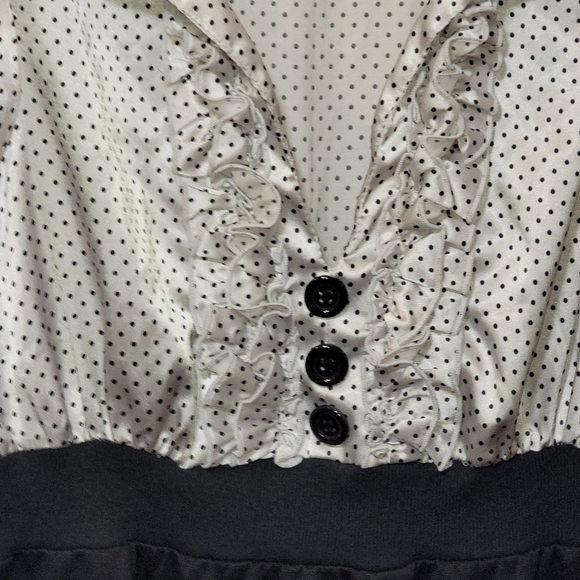 BEBOP dress black white polkadot satin top black buttons ruffles 60's happy days - Picture 6 of 6